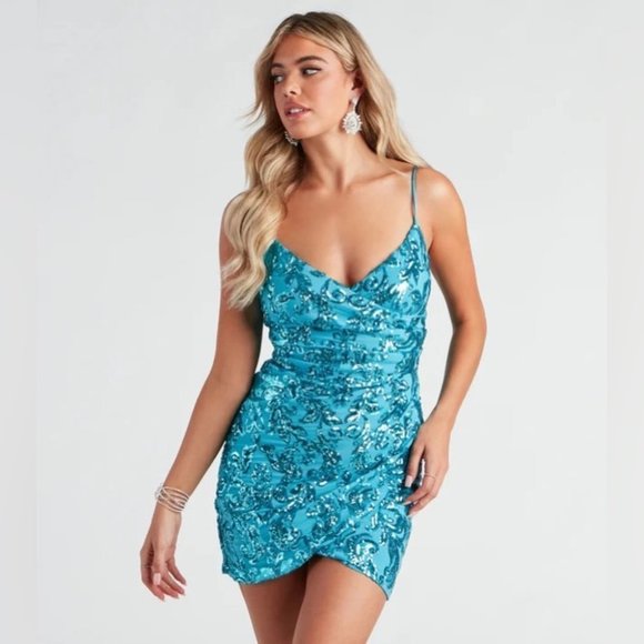 Windsor Dresses & Skirts - Windsor Maeve Blue Sequin Wrap Mini Dress